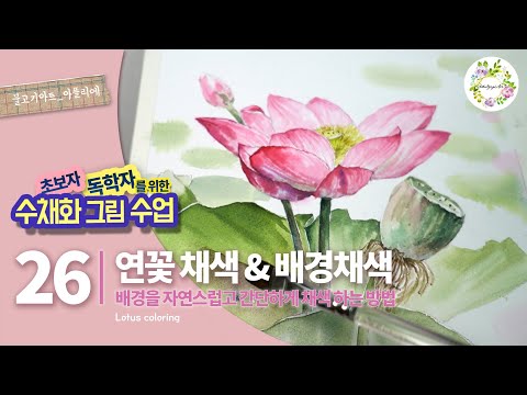 26강 연꽃채색 간단한 배경 칠하기 방법 /초보자 독학자를 위한 그림수업/how to paint watercolor/Lotus coloring/물고기아트
