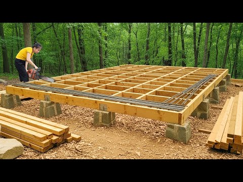 Woman Builds Handmade Wooden House in the Forest - The Whole Process From Start to Finish