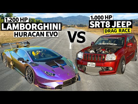 Alex Choi’s 1200hp Lamborghini Huracan drag races Twin Turbo Hemi Jeep!