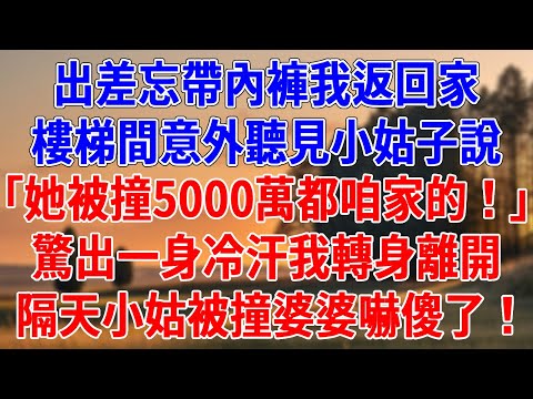 出差忘帶內褲我返回家，樓梯間意外聽見小姑子說。「她被撞5000萬都是咱家的！」驚出一身冷汗我轉身離開，隔天婆婆知道小姑被撞嚇傻了！#為人處世#經驗#情感故事#戀愛#情感#婚姻#人生感悟