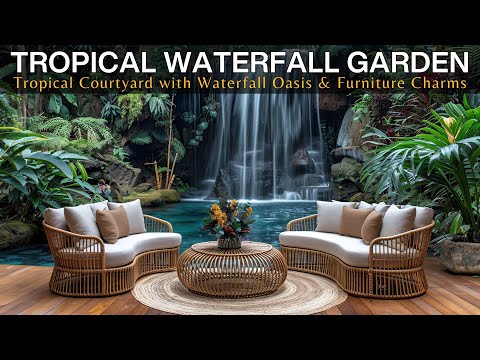 Tropical-inspired Courtyard Haven with Tranquil Waterfall Oasis, Bamboo & Teak Wood Furniture Charms