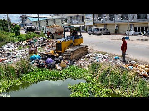 First Start Huge Size Project! Landfill Delete Flooded Garbage Pond Using Dozer D31P with 5Ton Truck