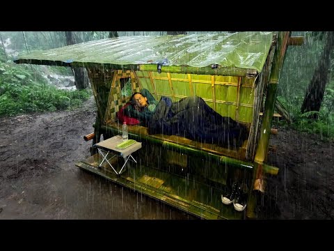 Relaxing Solo Bushcraft in Heavy Rain, Cozy Shelter with Rain Sound, ASMR
