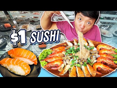 $1 ROTATING SUSHI & MASSIVE Seafood Noodle + Cake in a Can VENDING MACHINE in Singapore