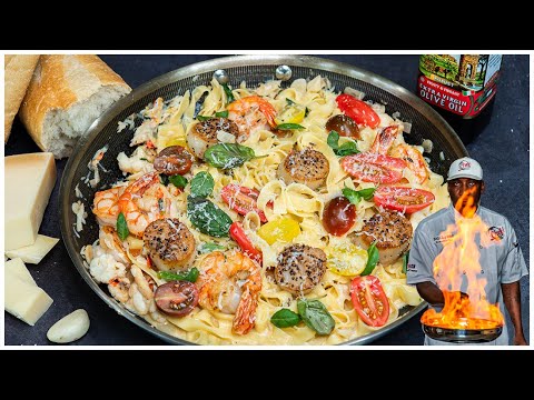 15 Mins Creamy Seafood Fettuccine Pasta | Lobster, Shrimp & Scallops, King Crab