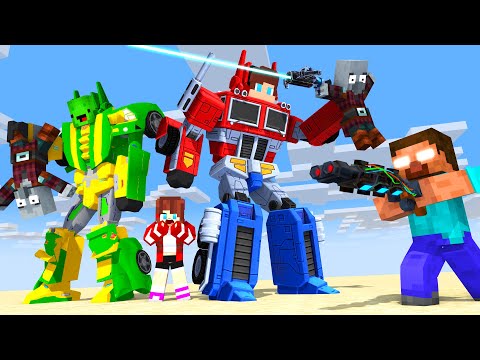 JJ and Mikey TRANSFORMER vs Herobrine and Pillagers! - Maizen Minecraft Animation