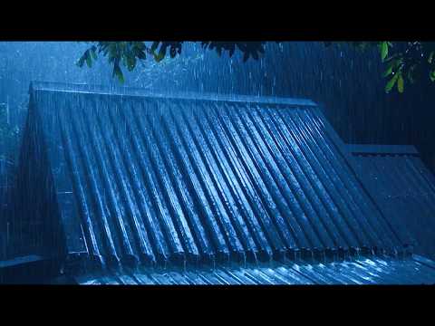 Goodbye Stress to Sleep Instantly with Heavy Rain & Thunder on Old Metal Roof in Rainforest at Night