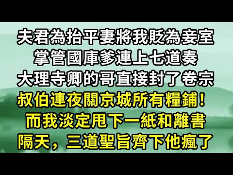 夫君為抬平妻將我貶為妾室。掌管國庫爹連上七道奏。大理寺卿的哥直接封了卷宗。叔伯連夜關京城所有糧鋪！而我淡定甩下一紙和離書。隔天，三道聖旨齊下他瘋了#小说