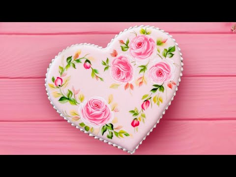 Beautiful Heart Cookie - Satisfying Cookie Decorating. Hand painted rose🌹