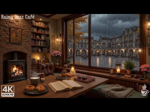 Rainy Morning Coffee Shop ☕ Smooth Jazz Piano & Fireplace Sound | Productive Work & Study
