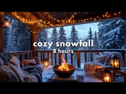 Christmas Porch Ambience ❄️ 8h Relaxing Snowfall and Fire Sounds for a Cozy Winter