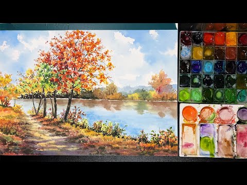 강가의 단풍 풍경을 원거리 근거리 쉽게 구분해 그리는 방법