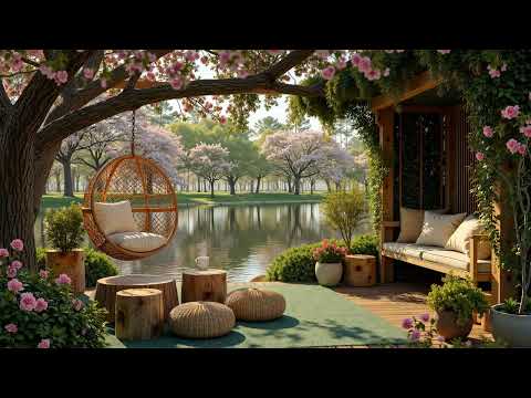 Tranquil Lakeside Café Ambience 🌸 Smooth Jazz with Spring for Morning Coffee, Study & Calm Energy