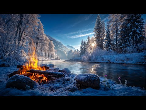 Winter Morning Campfire Ambience 🔥 Real Nature Sounds: Crackling Fire Sounds by a Calm Snowy River