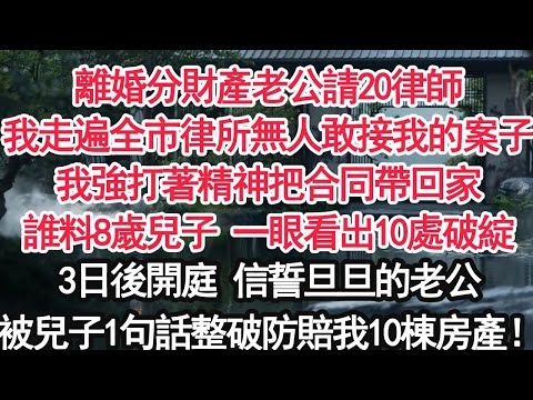 離婚分財產老公請20律師我走遍全市律所無人敢接我的案子我強打著精神把合同帶回家誰料8歲兒子 一眼看出10處破綻3日後開庭 信誓旦旦的老公被兒子1句話整破防賠我10棟房產【顧亞男】【大女主】【婚姻自主】