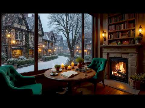 Snowy Winter Cafe Ambience ❄️ Smooth Jazz Music & Crackling Fireplace for Calm Focus and Reading