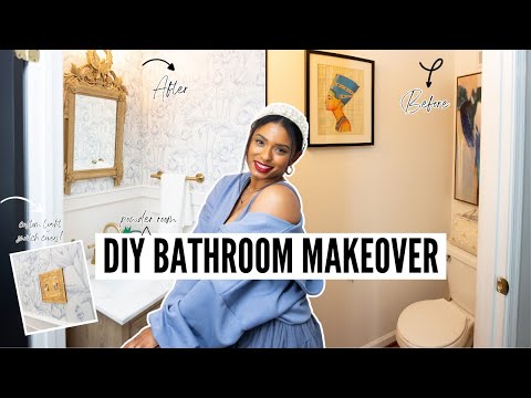 DIY POWDER ROOM MAKEOVER I DIY HOME MAKEOVER WITHOUT POWER TOOLS l EXTREME DIY SMALL BATHROOM