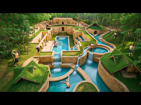 Building a Secret Luxury Clay Palace with Curved Water Slides in a Wild Valley Using Primitive Tools