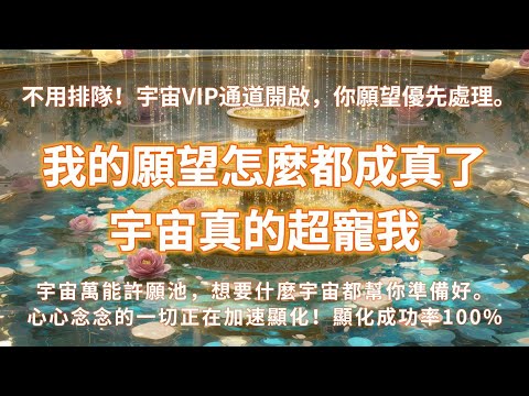 OMG！！我的願望怎麼都成真了，宇宙真的超寵我❤️不用排隊！宇宙VIP通道開啟，你願望優先處理。宇宙萬能許願池，想要什麼宇宙都幫你準備好。心心念念的一切正在加速顯化！顯化成功率100% 吸引力法則