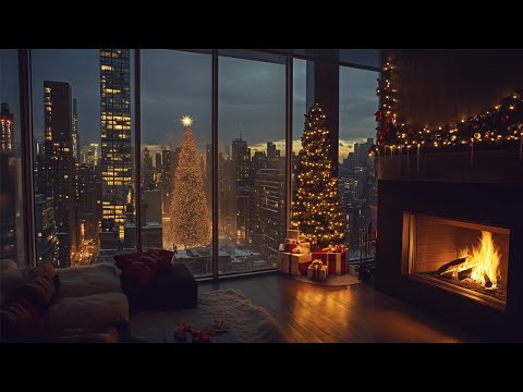 A Cozy Christmas Night In A New York City Penthouse🎄 Snowfall Winter Ambience & Crackling Fireplace