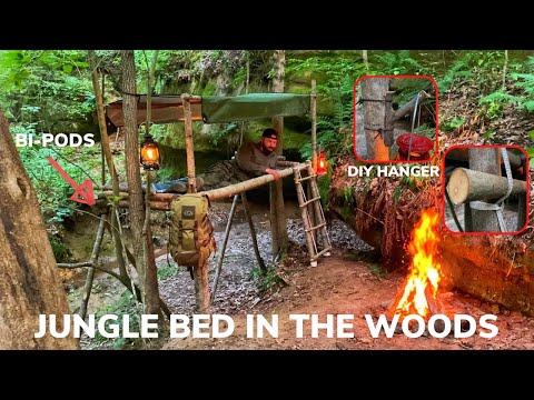 Solo Overnight Building an Elevated Jungle Shelter In The Woods and a Bacon Egg and Ham Platter