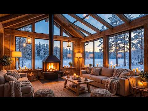 Snowy Lake Cabin Fireplace Ambience ❄️ Smooth Jazz Background for Cozy Nights