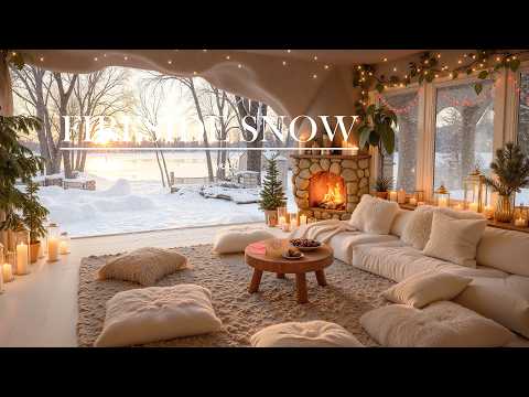Valentine Winter Jazz Escape 💕Fireside Snow Cabin at Sunset | Soft Candlelight & Romantic Lake Glow
