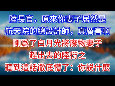 【完結】“陸長官，原來你妻子居然是航天院的總設計師，真厲害啊！”剛爲了白月光將廢物妻子趕出去的陸衍之，聽到這話徹底懵了：你説什麼？#為人處世 #生活經驗 #情感故事 #故事 #小說 #戀愛 #情感