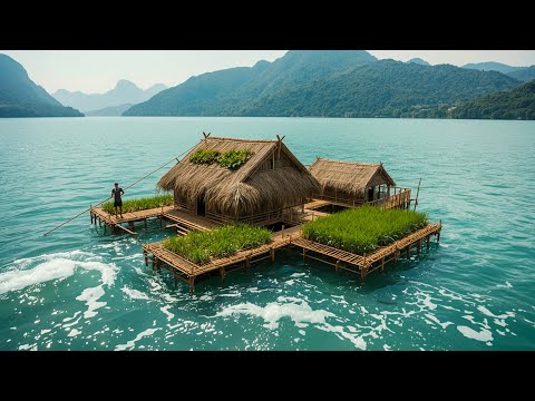 Build a Bamboo House to Survive on a Raft Floating in the River, Survive Solo, Bushcraft