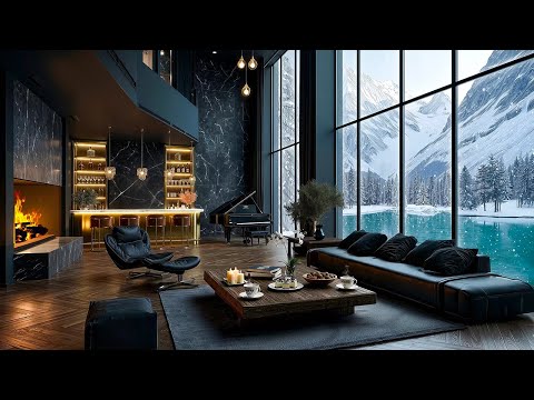 Smooth Jazz Music | Cozy Living Room Ambience by Winter Lake with Fireplace Sounds for Relax & Focus