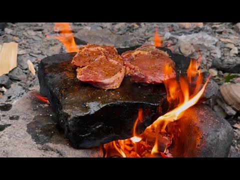 Cooking Steak on a Fire-Heated Rock|Wilderness Cooking  #OutdoorCooking #asmrcooking  