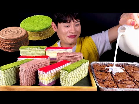 ASMR 말차크레이프 초코크레이프 레인보우크레이프스틱 더블초코브라우니 우유 말아먹방~!!! Green Tea Cholate rainbow crepe Sticks MuKBang~!!