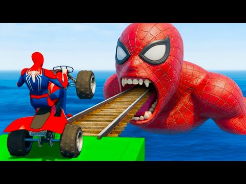 سبايدر مان اصعب دراجة نارية فوق اسماك القرش - Superheroes Ride on Motorcycle Stunt Funny Moments??