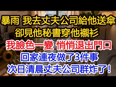 暴雨 我去丈夫公司給他送傘，卻見他秘書穿他襯衫從休息室出來，我臉色一變 悄悄退出門口，回家連夜做了3件事，次日清晨丈夫公司群炸了！#為人處世 #正能量 #故事分享 #生活經驗 #情感