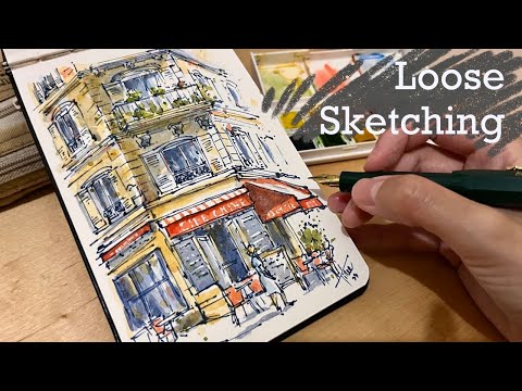 [RealTime]Loose ink and watercolor cafe sketch lTips for freehand sketching with a pen