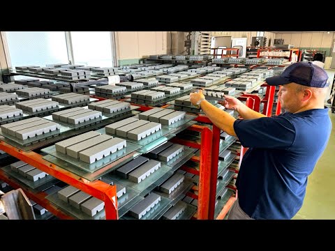 The process of mass producing Japanese abrasive stones. A Japanese abrasive factory.
