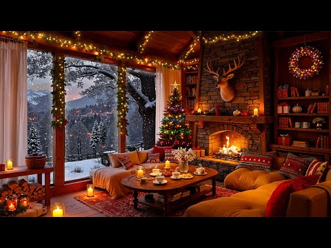 Cozy Winter Cabin Ambience ❄️ Soft Piano Jazz & Warm Fireplace Crackle Sounds for Relax, Study, Work