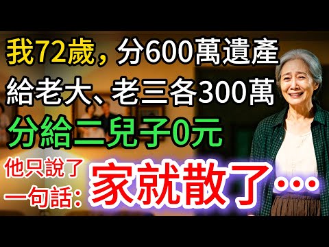 我72歲，分600萬遺產，給老大老三各300萬，給二兒子0元，他一句話，家散了…