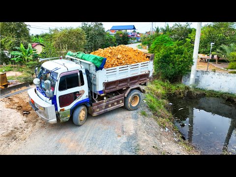 First Start Amazing Project!! Bulldozer Pushing Rock Soil Filling Deep Land With Dump Truck 5t