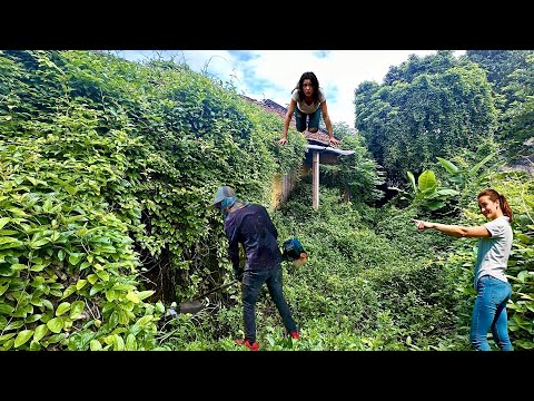  shocked 2 girls with old house overgrown with scary grass