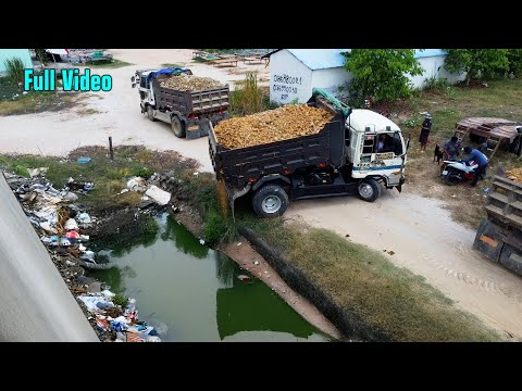 The Evolution of Urban Space: Trucks Unloading Stones into a Flooded Area to Create Buildable Land