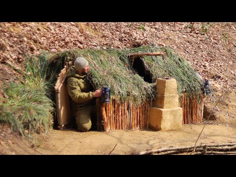 Bushcraft shelter in the woods.  Tree house. Start to finish