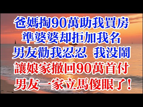 爸媽掏90萬助我買房 準婆婆卻拒加我名 男友勸我忍忍 我沒鬧 讓孃家撤回90萬首付  男友一家立馬傻眼了 #煙火故事匯 #婆媳 #家庭 #生活故事 #故事 #為人處世 #生活經驗 #情感故事 #婚姻