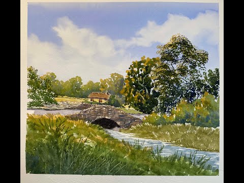 Step by step painting of a house behind a bridge.