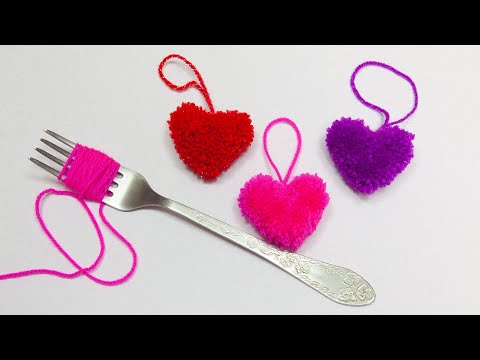 How to Make Yarn Heart❤️ Easy Pom Pom #heart Making Idea with Fork ❤️ Amazing Valentine's Day Crafts
