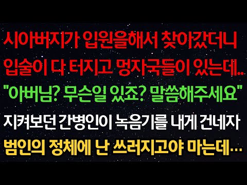 실화사연- 시아버지가 입원 해서 찾아갔더니 입술이 다 터지고 멍자국이 있는데 "무슨일 있죠? 말해주세요" 지켜보던 간병인이 녹음기를 내게 건내자 범인의 정체에 난 쓰러지고야 마는데