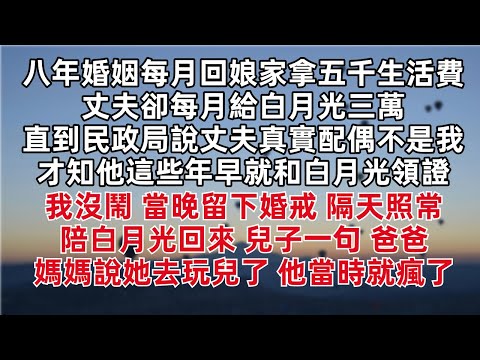 八年婚姻我每月回娘家拿五千生活費 丈夫卻每月給白月光三萬 直到民政局說丈夫真實配偶不是我 才知他這些年早就和白月光領證 我沒鬧 當晚留下婚戒 隔天照常陪白月光回來 兒子一句 爸爸媽媽說她去玩兒了