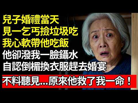 兒子婚禮當天，見一乞丐撿垃圾吃，我心軟帶他吃飯，他卻猛地潑我一臉鑷水，自認倒霉換衣服趕去婚宴，不料正好聽見...我懵了，原來他救了我一命.#退休金#養老#慧心家務#老人社#人間家事