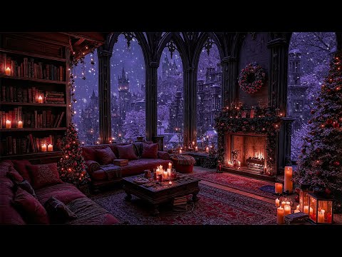 Cozy Gothic Winter Room Ambience | Christmas Night Under Warm Fireplace | Dark Academia Piano Music