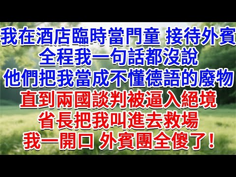 我在飯店臨時當門童 接待外賓，全程我一句話都沒說，他們把我當成不懂德語的廢物，直到兩國談判被逼入絕境，省長把我叫進去救場，我一開口 外賓團全傻了！#生活經驗#情感故事#故事#小說#戀愛#情感#婚姻